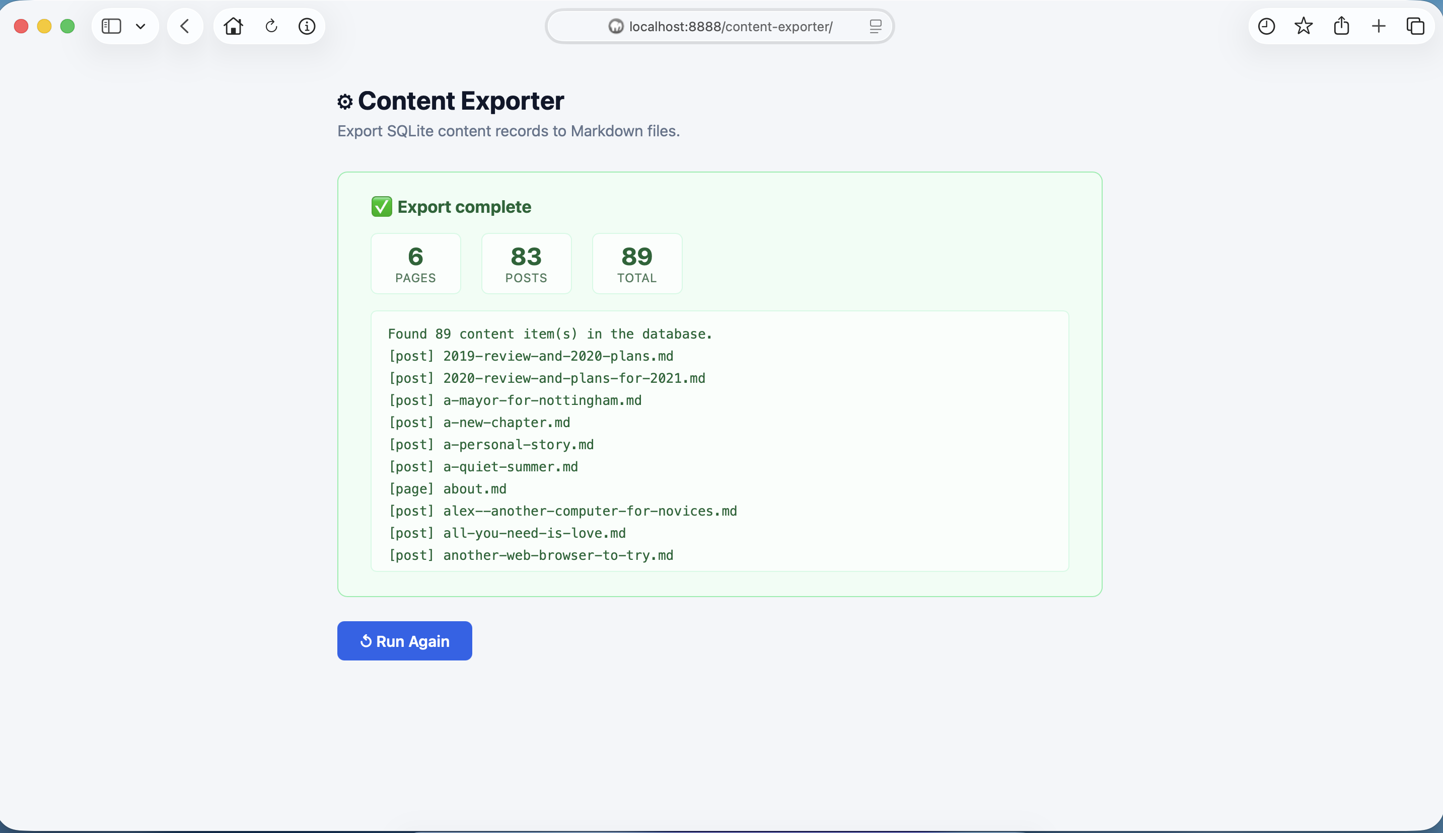 Content Exporter finish screen