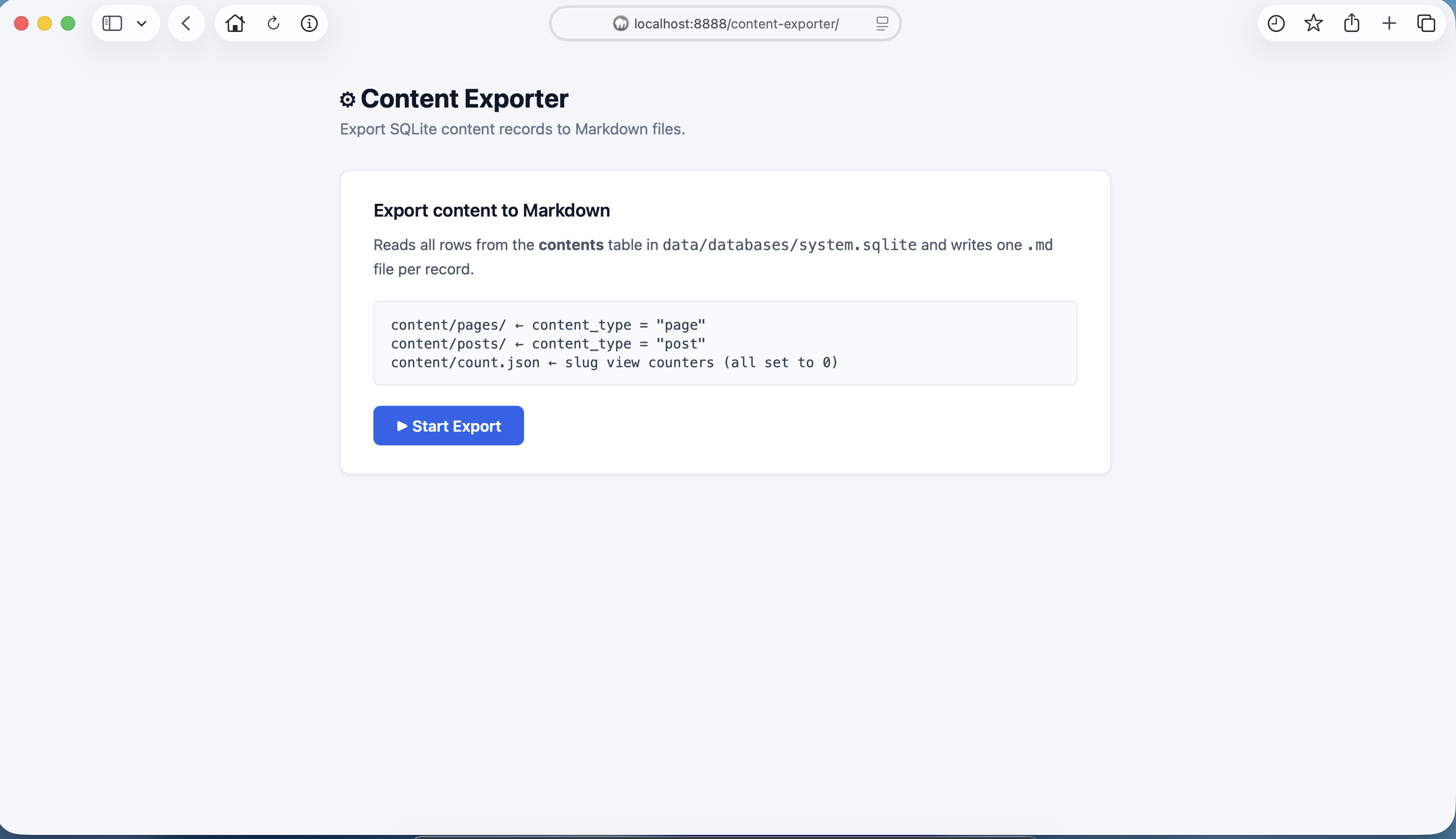Content Exporter start screen